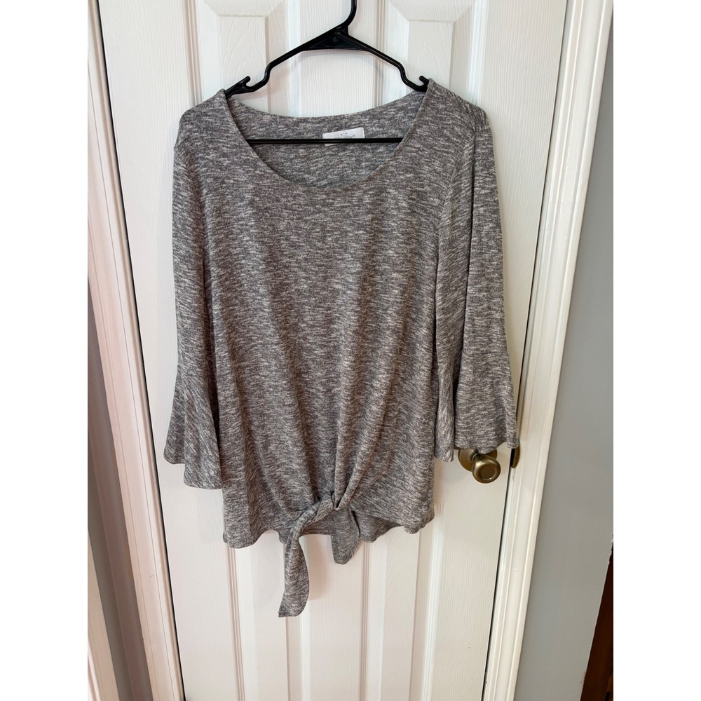 New Directions Blouse Womens Large Grey Marled Bell Sleeve Front Tie Scoop Neck